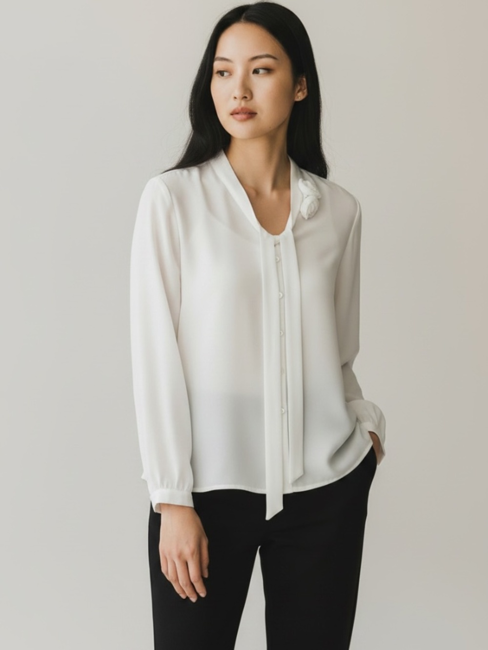 NWOT Gap Flowy White Sheer Long Sleeved Tie Floral Neck Button Down Shirt Medium